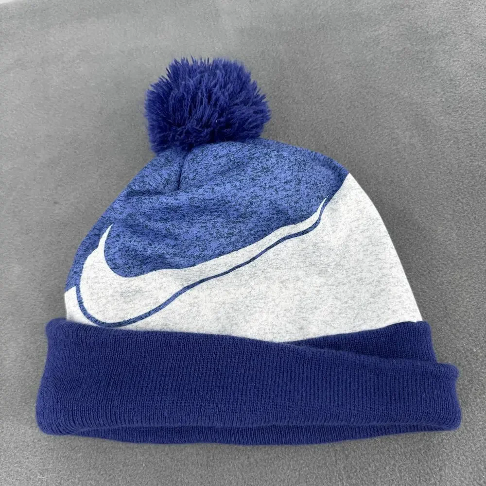 Nike Youth Blue White Pom‎ Beanie Hat Swoosh Cuffed Winter Knit Cap Boys